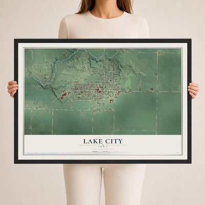 Map of Lake City, Iowa, 24 x 36 inch print in a black wood frame