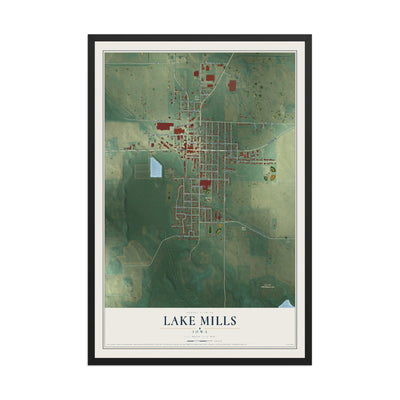 Map of Lake Mills, Iowa, 12 x 18 inch print in a black wood frame