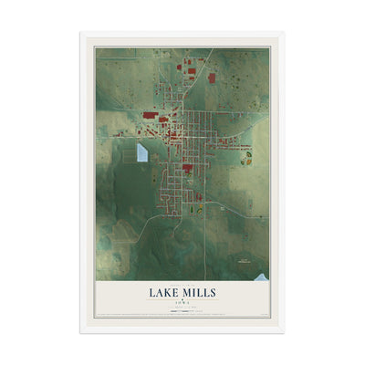 Map of Lake Mills, Iowa, 12 x 18 inch print in a white wood frame