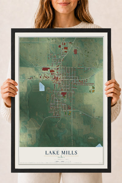 Map of Lake Mills, Iowa, 18 x 24 inch print in a black wood frame