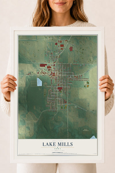 Map of Lake Mills, Iowa, 18 x 24 inch print in a white wood frame