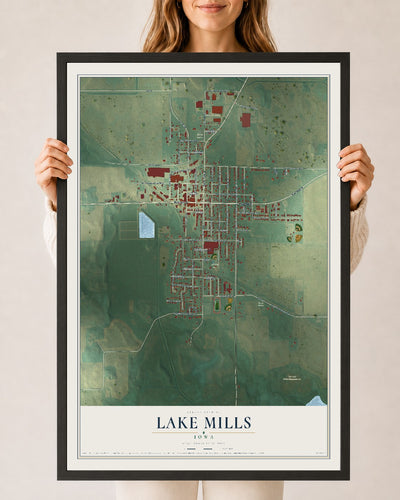 Map of Lake Mills, Iowa, 24 x 36 inch print in a black wood frame