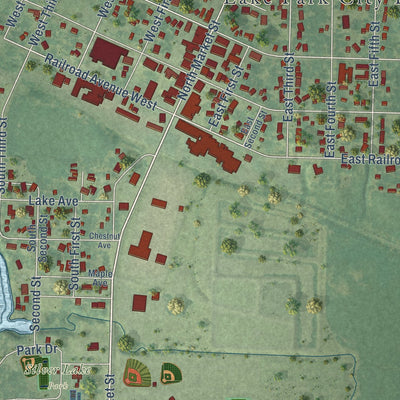 Close-up of the map of Lake Park, Iowa print showing street and building detail