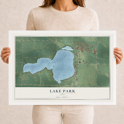 Map of Lake Park, Iowa, 12 x 18 inch print in a white wood frame