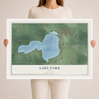 Map of Lake Park, Iowa, 24 x 36 inch print in a white wood frame