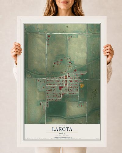 Map of Lakota, Iowa, 24 x 36 inch print in a white wood frame
