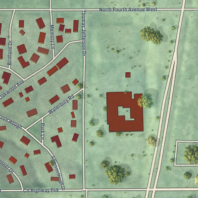 Close-up of the map of Lambs Grove, Iowa print showing street and building detail