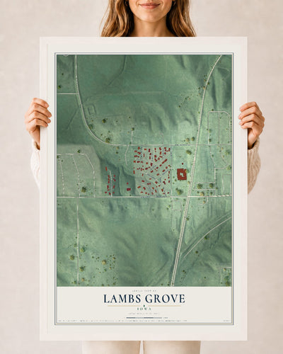 Map of Lambs Grove, Iowa, 24 x 36 inch print in a white wood frame