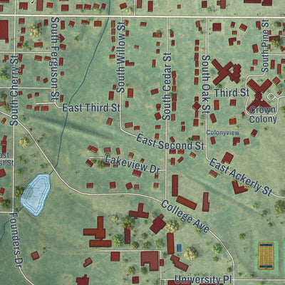 Close-up of the map of Lamoni, Iowa print showing street and building detail