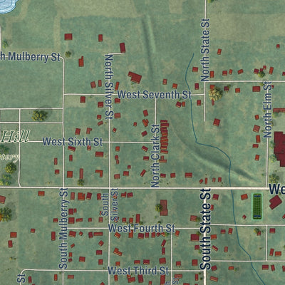 Second close-up of the map of Lamoni, Iowa print showing more streets and buildings