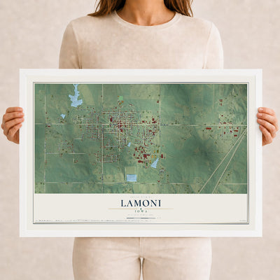 Map of Lamoni, Iowa, 12 x 18 inch print in a white wood frame
