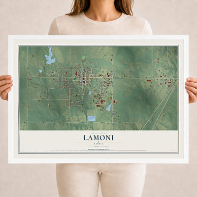Map of Lamoni, Iowa, 18 x 24 inch print in a white wood frame