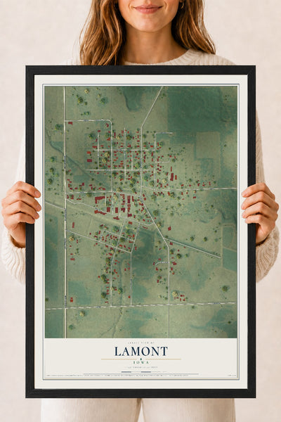 Map of Lamont, Iowa, 18 x 24 inch print in a black wood frame