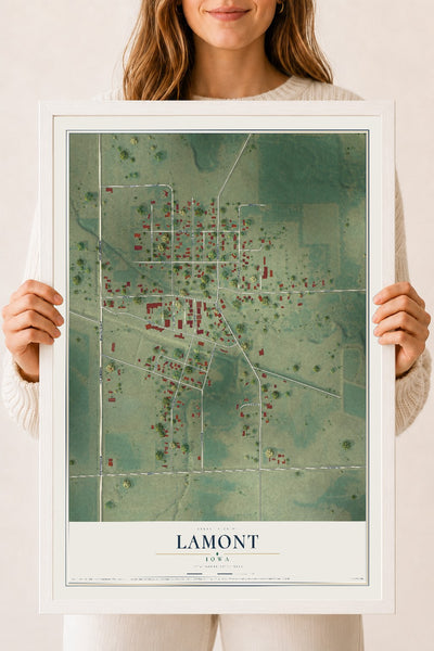 Map of Lamont, Iowa, 18 x 24 inch print in a white wood frame