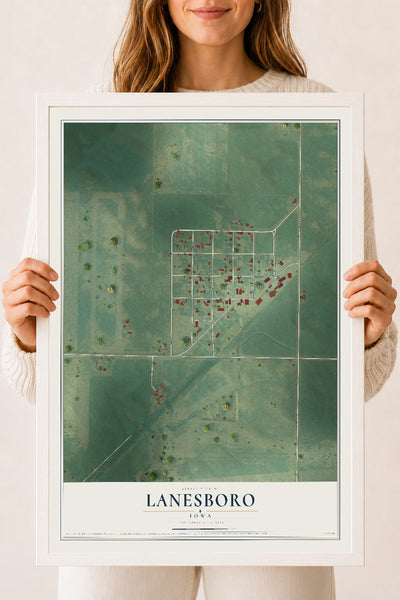 Map of Lanesboro, Iowa, 18 x 24 inch print in a white wood frame