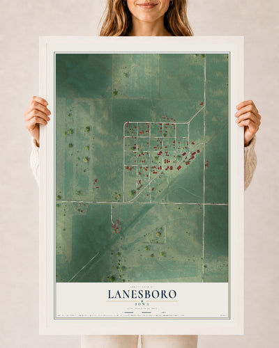 Map of Lanesboro, Iowa, 24 x 36 inch print in a white wood frame