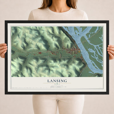 Map of Lansing, Iowa, 18 x 24 inch print in a black wood frame