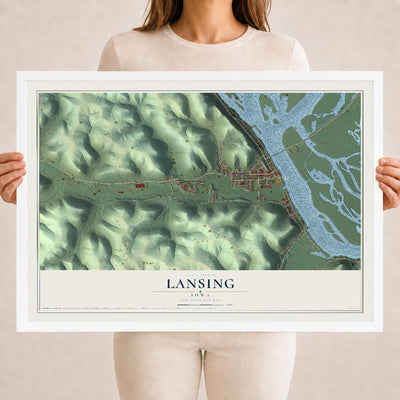 Map of Lansing, Iowa, 18 x 24 inch print in a white wood frame
