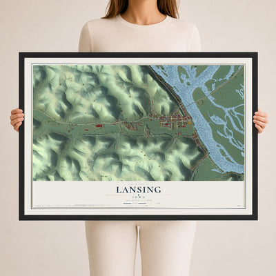 Map of Lansing, Iowa, 24 x 36 inch print in a black wood frame