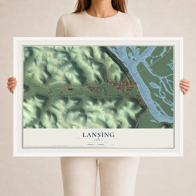 Map of Lansing, Iowa, 24 x 36 inch print in a white wood frame