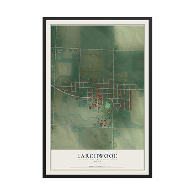 Map of Larchwood, Iowa, 12 x 18 inch print in a black wood frame