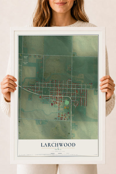 Map of Larchwood, Iowa, 18 x 24 inch print in a white wood frame