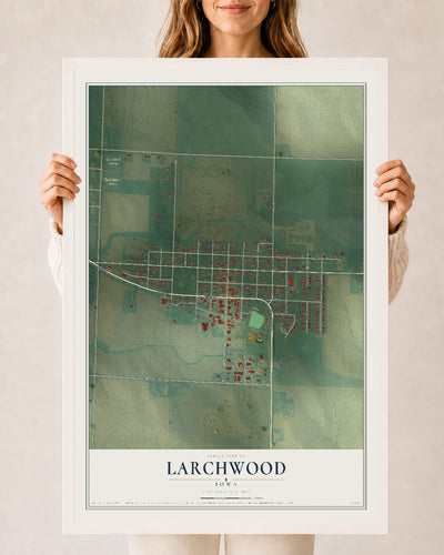 Map of Larchwood, Iowa, 24 x 36 inch print in a white wood frame