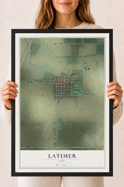Map of Latimer, Iowa, 18 x 24 inch print in a black wood frame