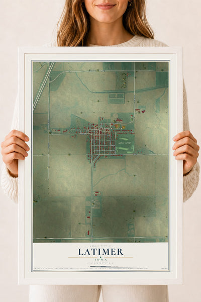 Map of Latimer, Iowa, 18 x 24 inch print in a white wood frame