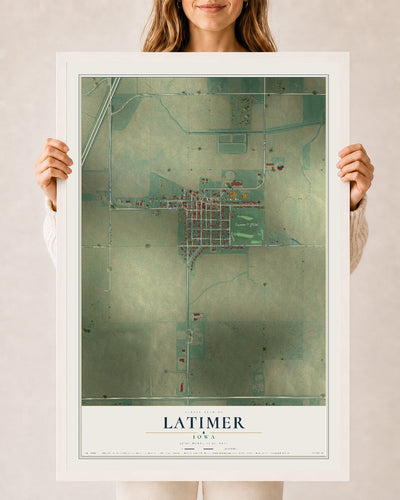 Map of Latimer, Iowa, 24 x 36 inch print in a white wood frame
