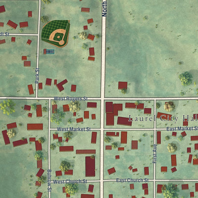 Close-up of the map of Laurel, Iowa print showing street and building detail