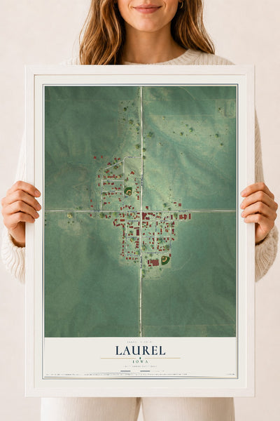 Map of Laurel, Iowa, 18 x 24 inch print in a white wood frame