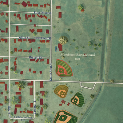 Second close-up of the map of Laurens, Iowa print showing more streets and buildings