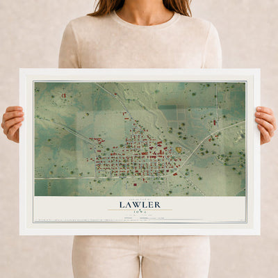 Map of Lawler, Iowa, 12 x 18 inch print in a white wood frame