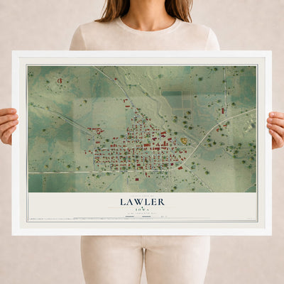 Map of Lawler, Iowa, 18 x 24 inch print in a white wood frame