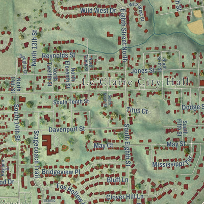Close-up of the map of Le Claire, Iowa print showing street and building detail