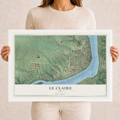 Map of Le Claire, Iowa, 12 x 18 inch print in a white wood frame