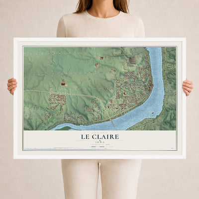 Map of Le Claire, Iowa, 24 x 36 inch print in a white wood frame