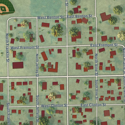 Close-up of the map of Le Grand, Iowa print showing street and building detail