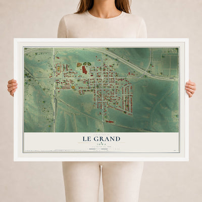 Map of Le Grand, Iowa, 24 x 36 inch print in a white wood frame