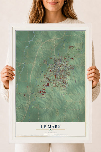 Map of Le Mars, Iowa, 18 x 24 inch print in a white wood frame