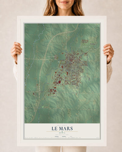 Map of Le Mars, Iowa, 24 x 36 inch print in a white wood frame