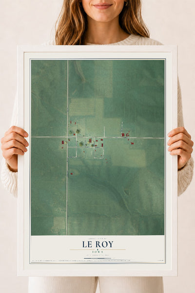 Map of Le Roy, Iowa, 18 x 24 inch print in a white wood frame