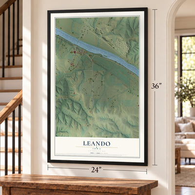 Leando, Iowa map, 24 x 36 inch print in a black frame by a staircase