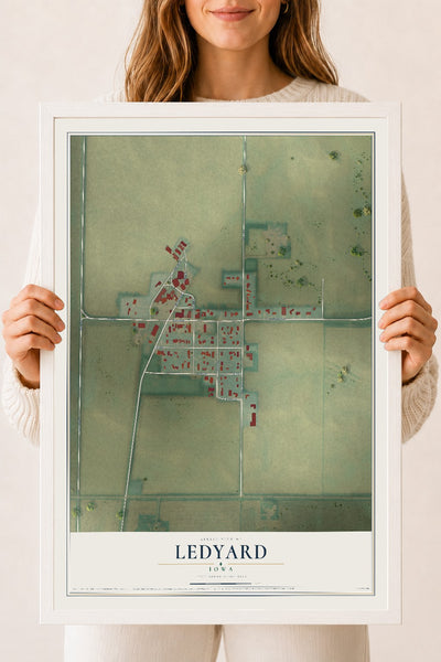 Map of Ledyard, Iowa, 18 x 24 inch print in a white wood frame