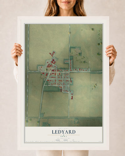 Map of Ledyard, Iowa, 24 x 36 inch print in a white wood frame