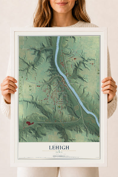 Map of Lehigh, Iowa, 18 x 24 inch print in a white wood frame