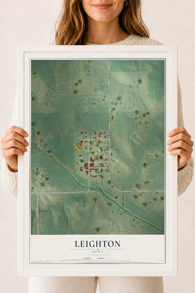 Map of Leighton, Iowa, 18 x 24 inch print in a white wood frame