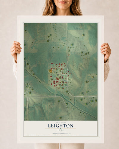 Map of Leighton, Iowa, 24 x 36 inch print in a white wood frame