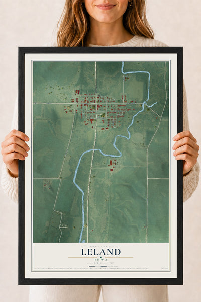 Map of Leland, Iowa, 18 x 24 inch print in a black wood frame